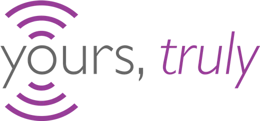 Yours, Truly’ logo in purple and gray with radio wave symbols, representing a personalized message or communication platform