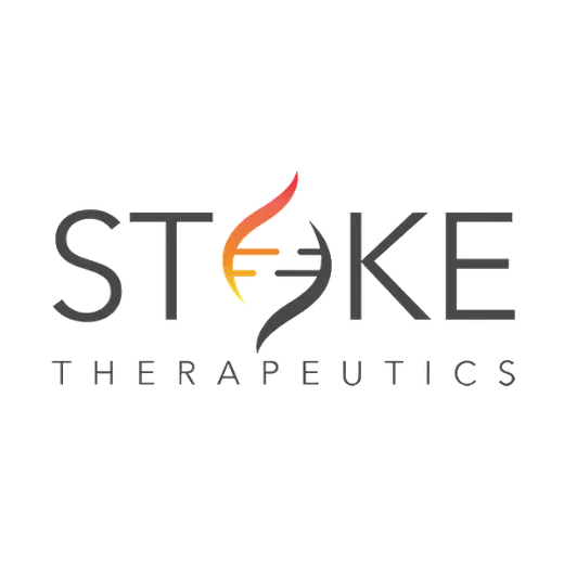 Stoke Therapeutics logo featuring stylized DNA helix within the text, representing innovation in therapeutic solutions
